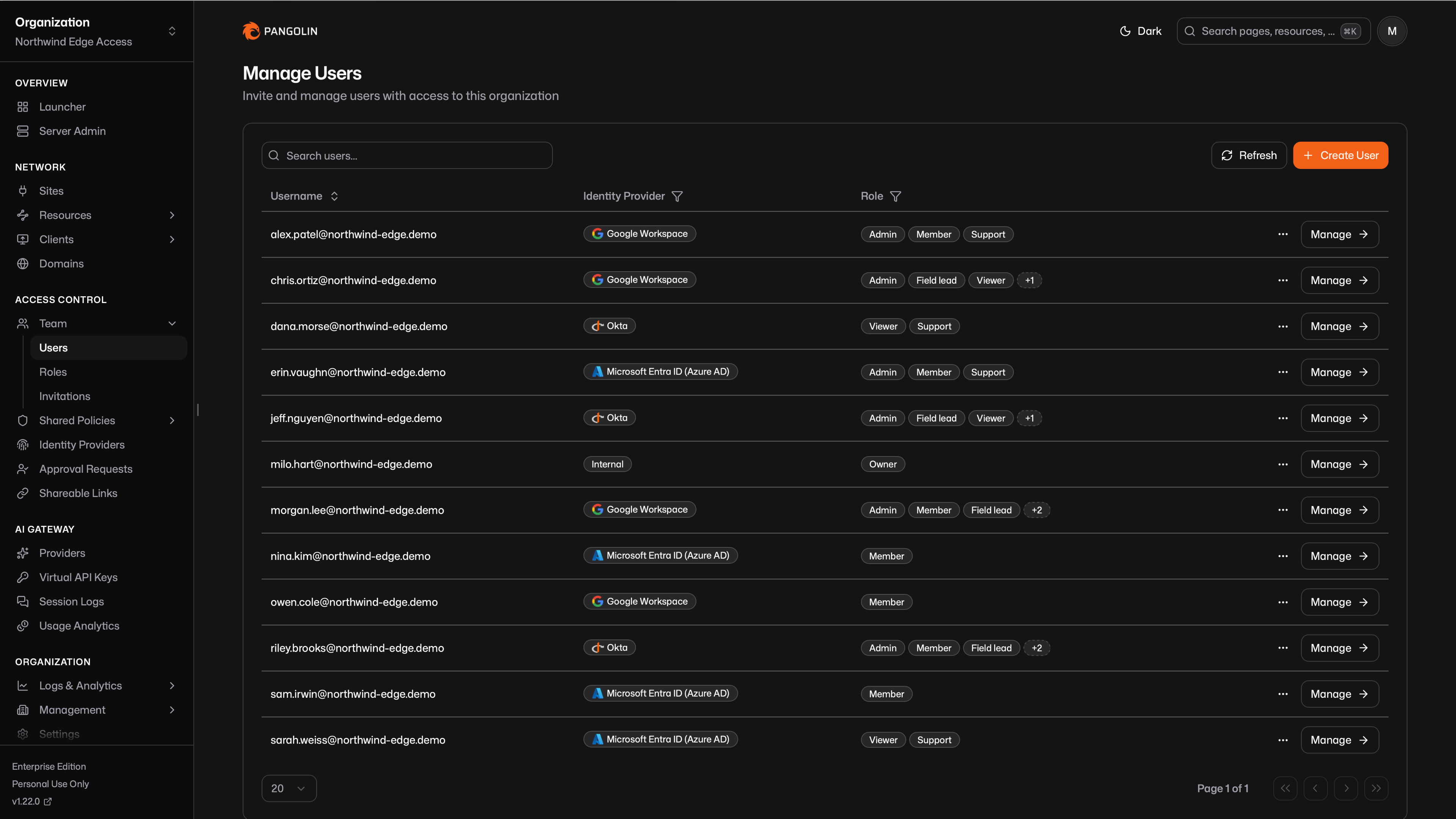 Users from identity provider with roles