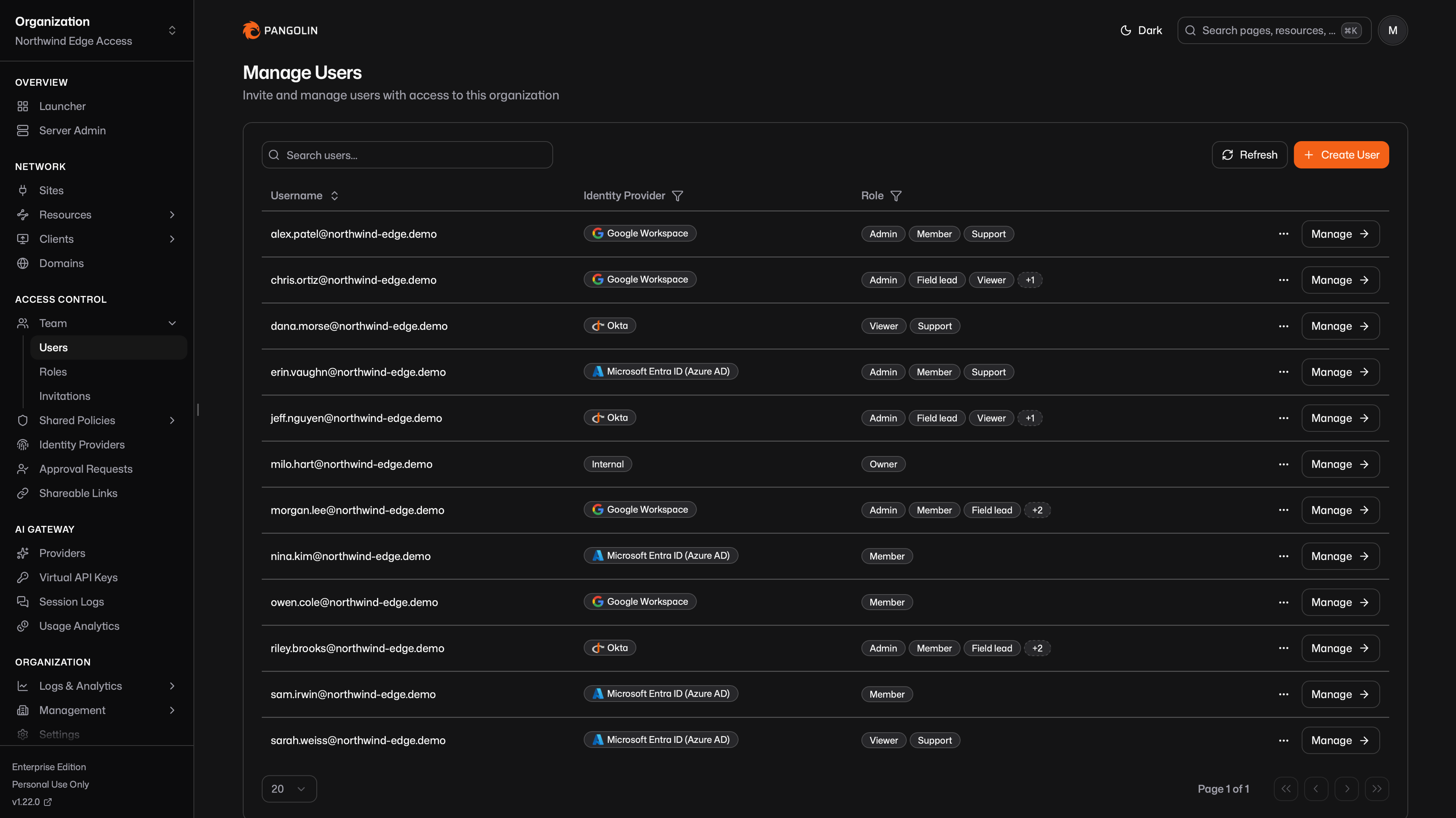 Users from identity provider with roles