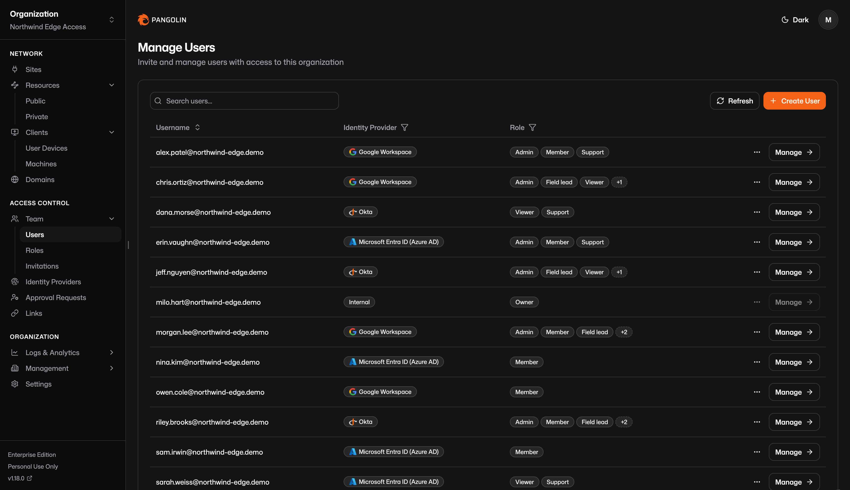 Users from identity provider with roles